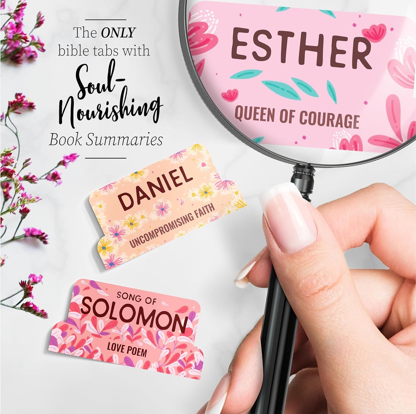 Bloom Beauty Bible Tabs - Soul Nourishing Book Summaries - 66 Peel-and-Stick Laminated Bible Tabs Large Print