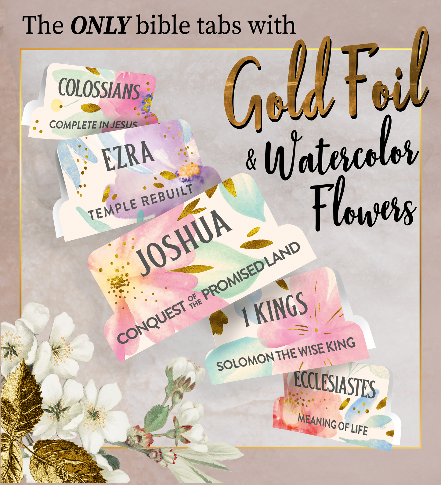 Bible Tabs Gold Floral - Soul Nourishing Book Summaries - 66 Peel-and-Stick Laminated Bible Tabs Large Print