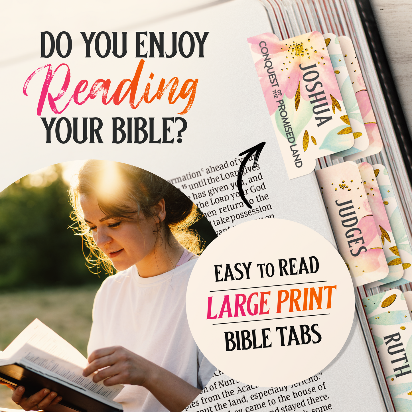 Bible Tabs Gold Floral - Soul Nourishing Book Summaries - 66 Peel-and-Stick Laminated Bible Tabs Large Print